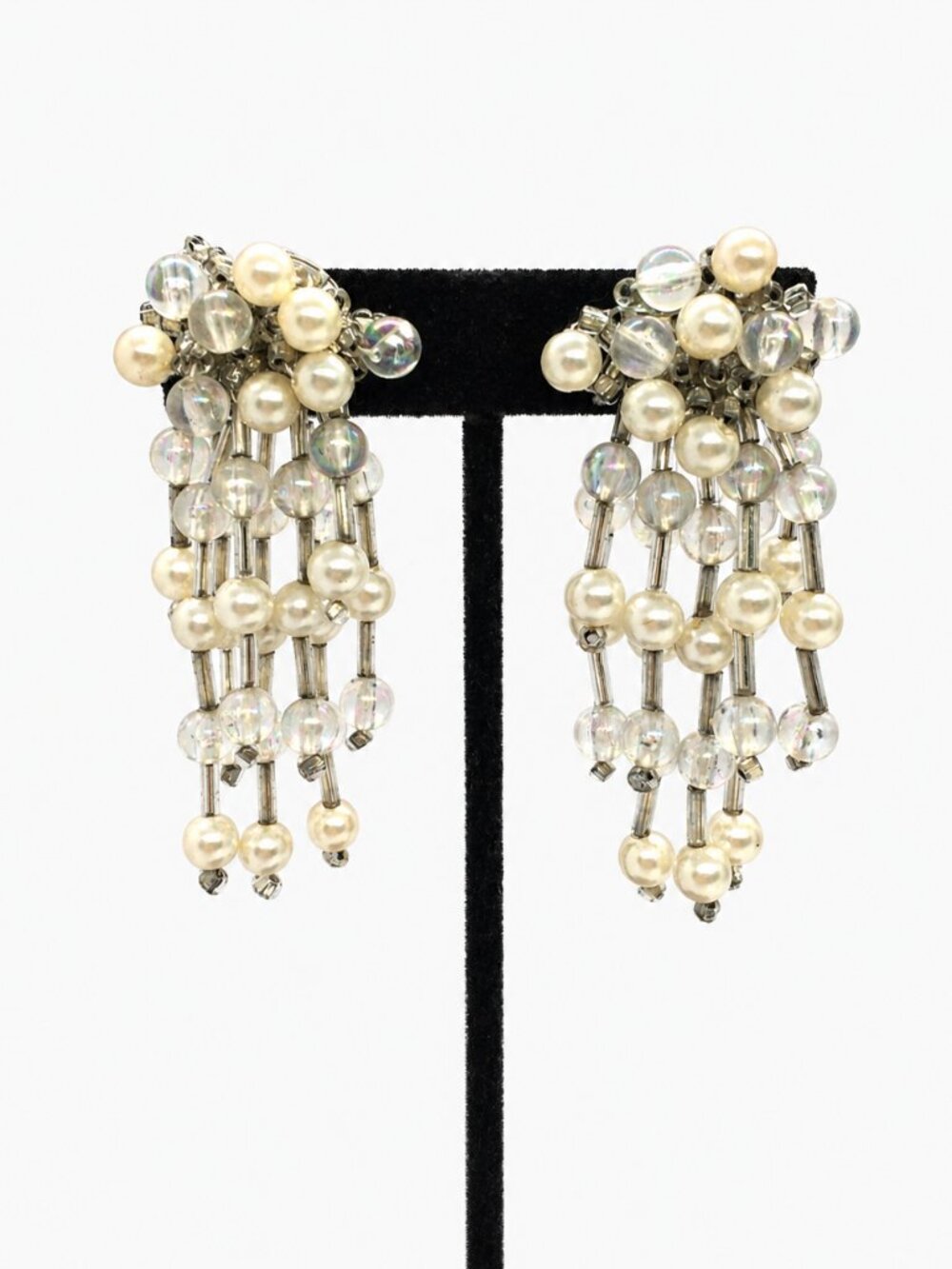 VINTAGE CLIP ON Earrings Cha Cha AB Bead Faux Pearl Dangle MCM Silver Tone